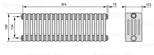 Схема (чертеж) Радиатор Zehnder Charleston 5019/19 №1270 Белый глянцевый RAL 9016